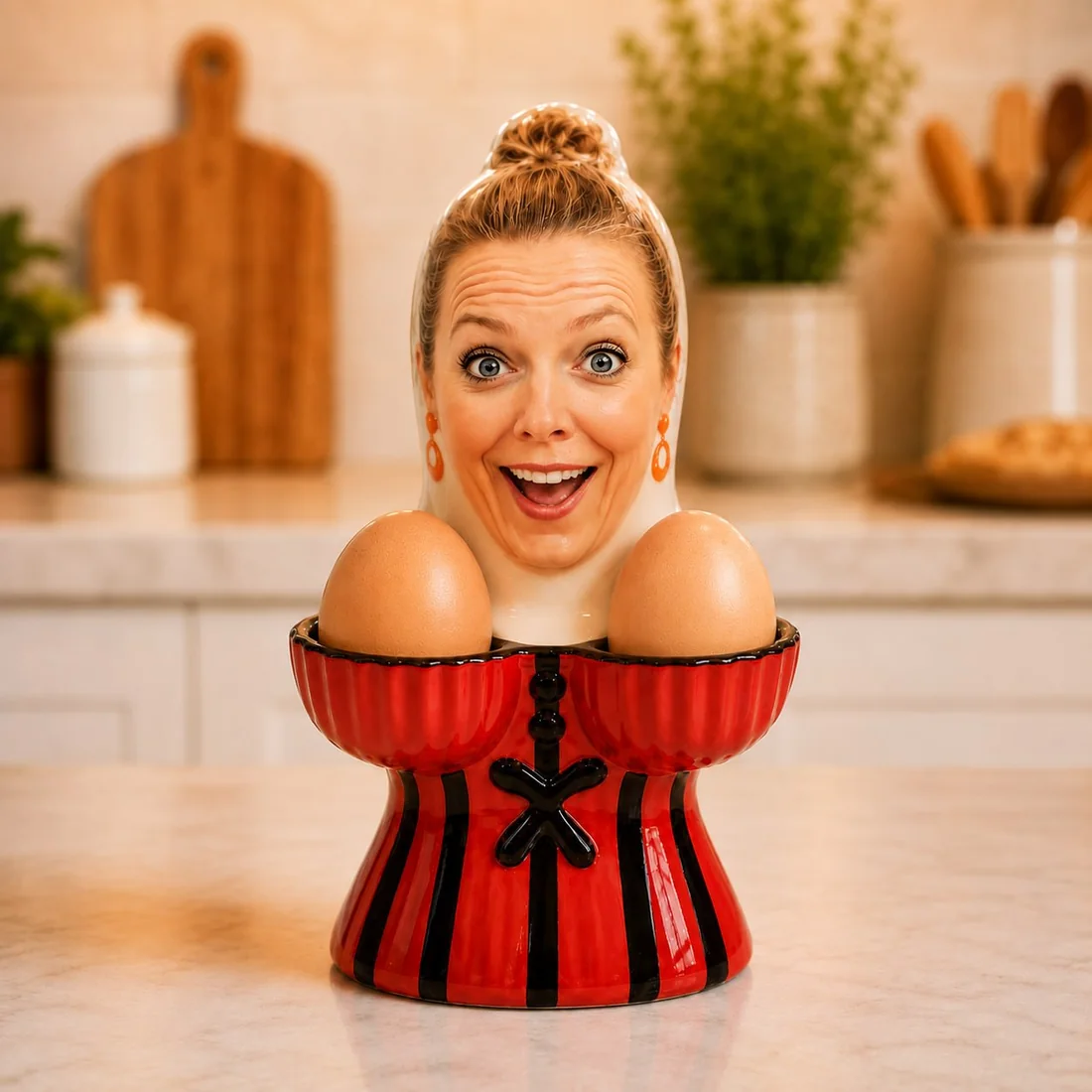 Personalised red double egg holder with a woman's smiling face